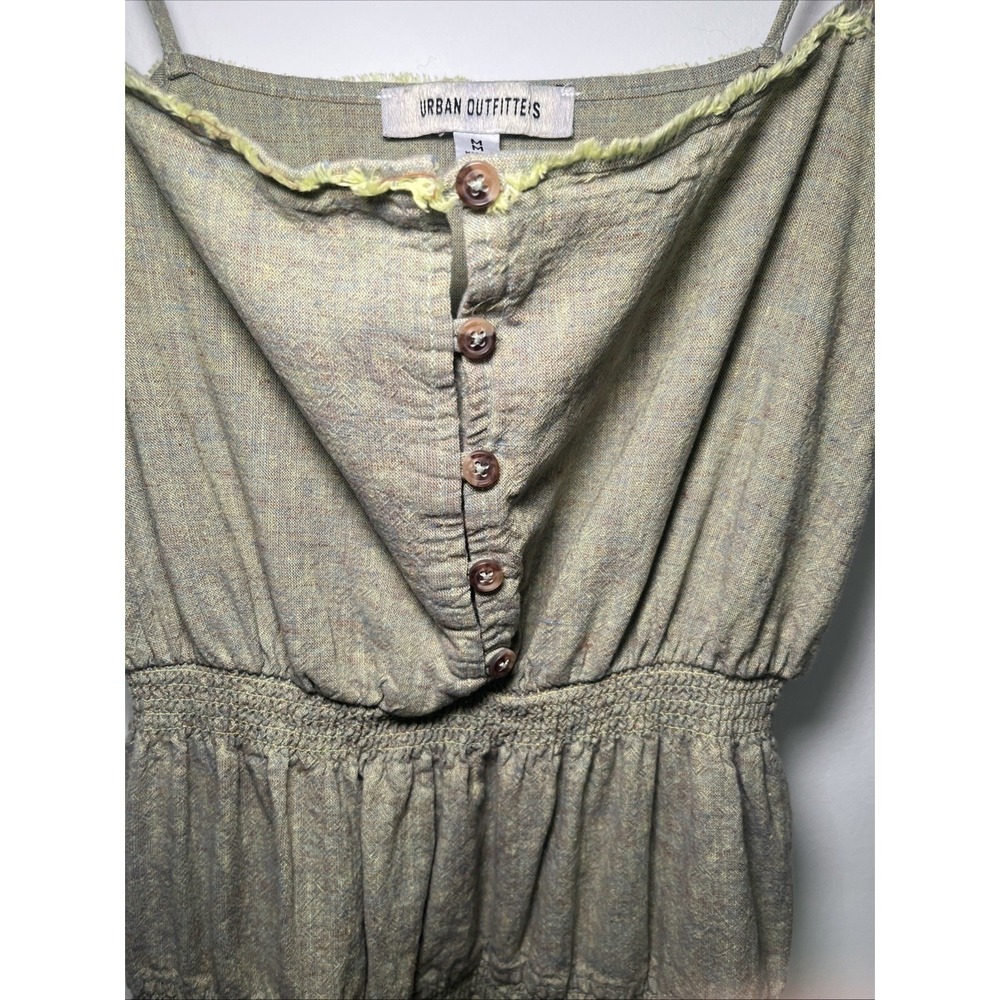 Urban Outfitters Linen Blend Midi Dress Sage Olive Green Smocked Button Front M - Picture 6 of 13